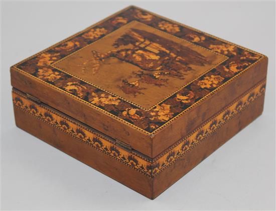 A Tunbridge Ware birds eye maple stag mosaic handkerchief box, 9in.